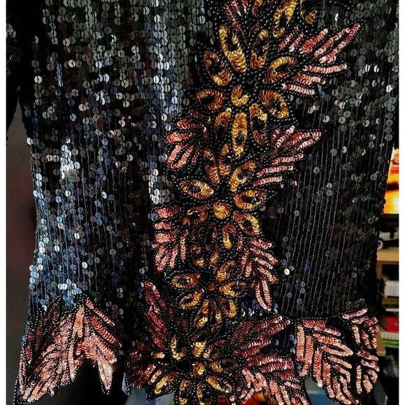 Stenay Vintage Silk Sequin Beaded Floral Leaf Black & Gold Size M - Picture 3 of 8